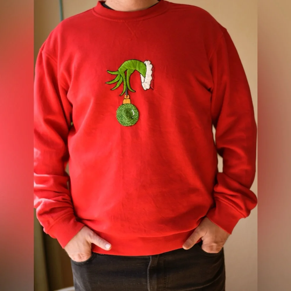 Handmade Embroidered Christmas Red Sweater โข Grinch Hand Ornament - Unisex - Picture 5 of 13